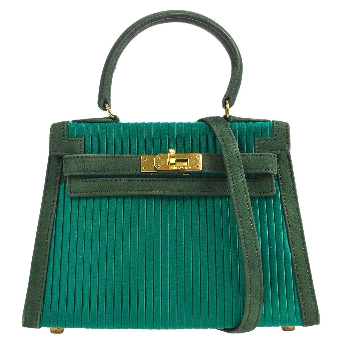 HERMES * 1990 Mini Kelly 20 SELLIER Green Pleated Satin