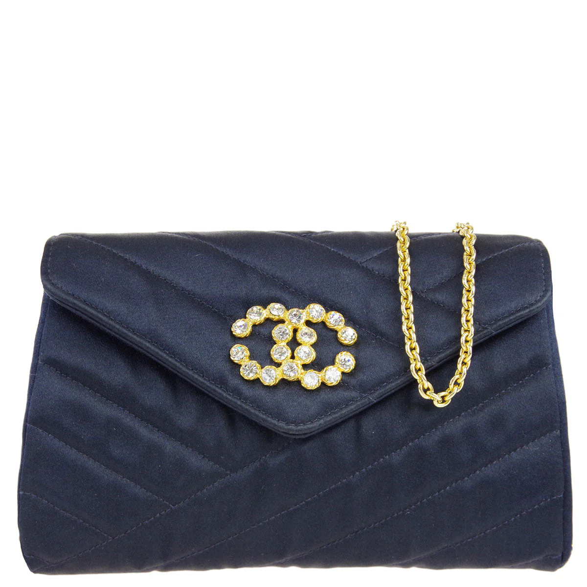 Chanel 1989-1991 * Bias Stitch Rhinestone Chain Shoulder Bag Navy Satin